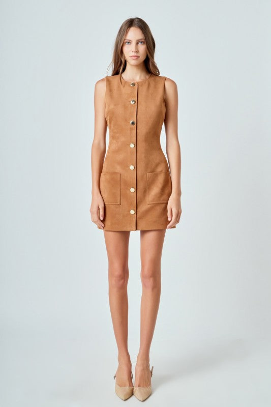 Camel Slvls Faux Suede Gold Button Mini Dress  Mod and Proper