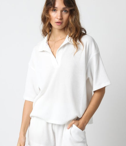 White Waffle V-Neck Collared SS Top