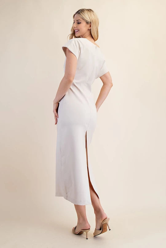 Cream Asymmetrical Waist Pleated Midi Dress – Mod and Proper
