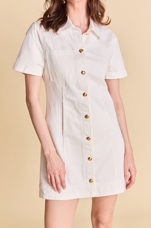 White Denim Gold Button Shirt Dress Mod and Proper White Denim Gold Button Shirt Dress Mod and Proper