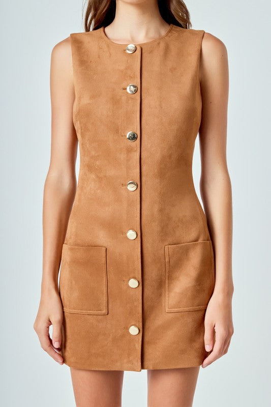 Camel Slvls Faux Suede Gold Button Mini Dress Mod and Proper Camel Slvls Faux Suede Gold Button Mini Dress Mod and Proper