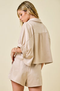 Ecru Suede Button Cropped Shirt + Shorts Set