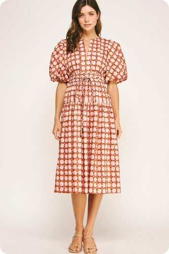 Pink Multi Print Puff Slv Midi Dress