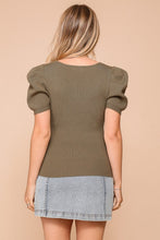 Load image into Gallery viewer, Olive Ribbed Square Neck Puff Slv Top