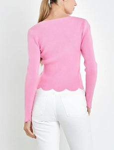 Pink Ribbed Scallop Hem Sweater