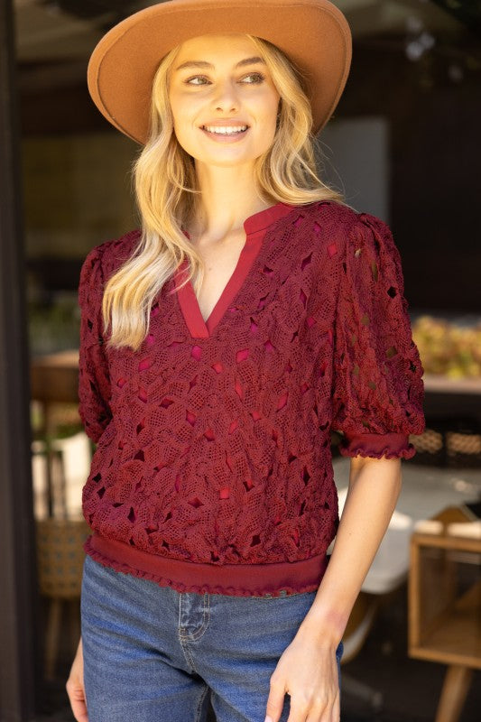 Maroon Floral Crochet Top