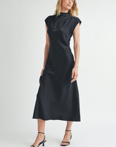 Black Satin Mock Neck Shirring Long Dress