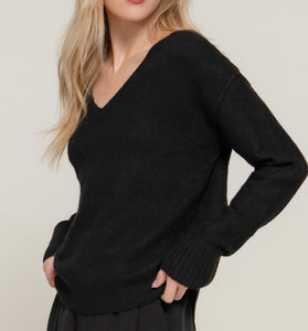 Black V-Neck Raised Seam Detail Sweater