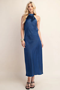 Prettiest Blue Satin Halter Open Back Dress