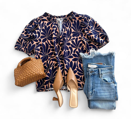 Navy Geo Print Puff Slv Top