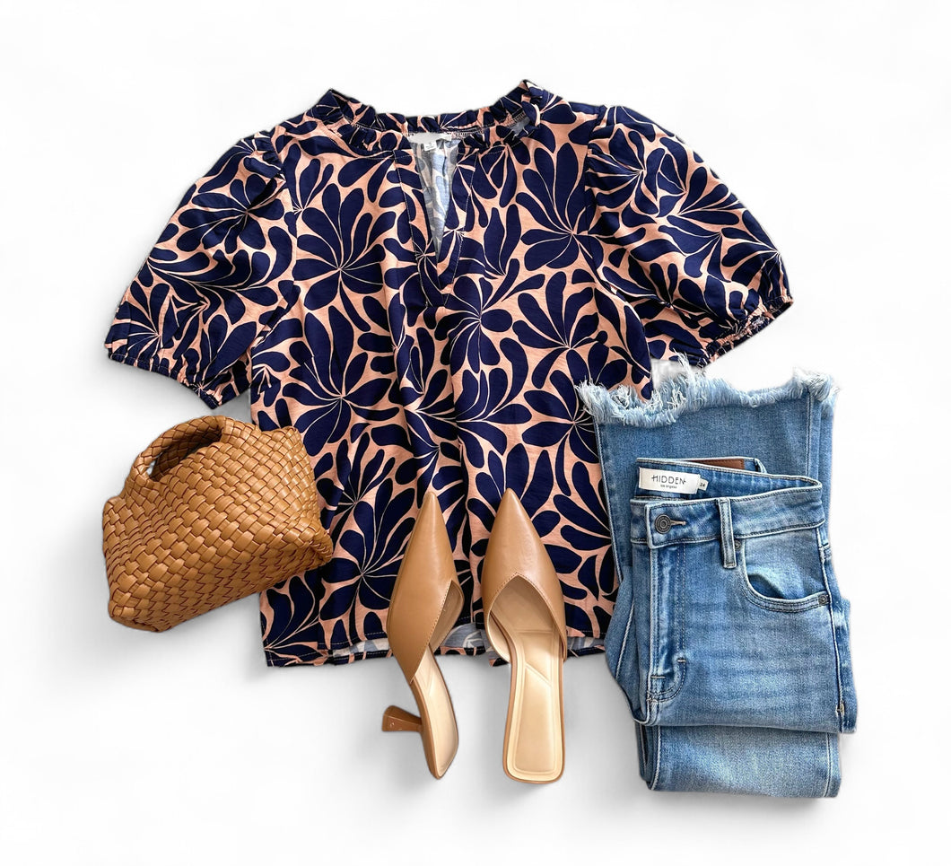 Navy Geo Print Puff Slv Top