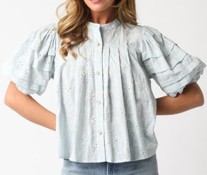 Blue Eyelet Puff Slv Button Top