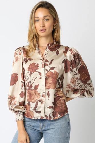 Brown/Cream Floral Puff Slv Blouse
