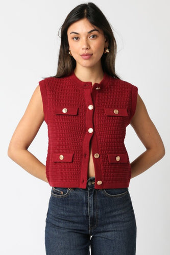 Sleeveless Gold Button Sweater Top Maroon