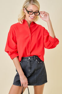 Button Down Collared 3/4 Puff Slv Top Candy Red