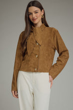 Load image into Gallery viewer, Brown Suede Scarf Detail Button Jacket