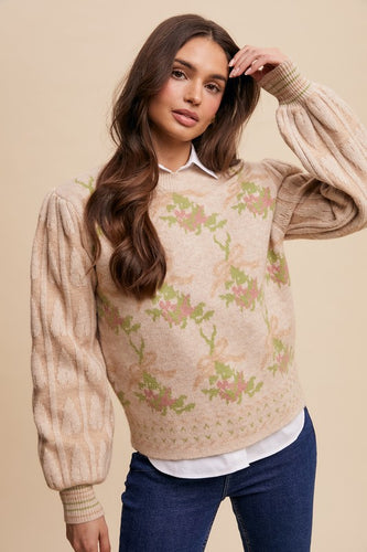 Champagne Bow and Rose Puff Sleeve Sweater