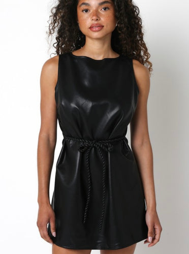 Black Leather Tie Waist Dress