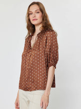 Load image into Gallery viewer, Cocoa Polka Dot Ruffled SS Tie Top