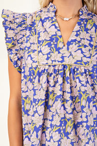 Blue Printed V-Neck Ruffle Slv Top