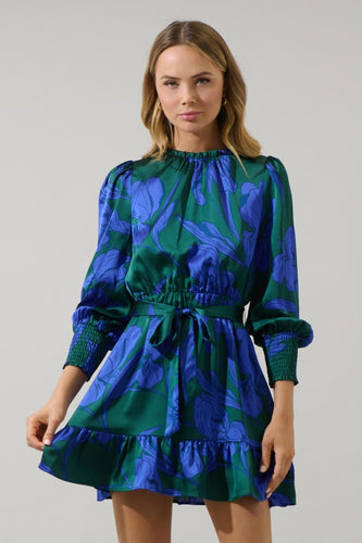 Blue Green Floral Satin Dress