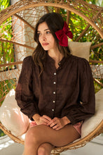 Load image into Gallery viewer, Lace Floral LS Button Down Blouse Dk Brown