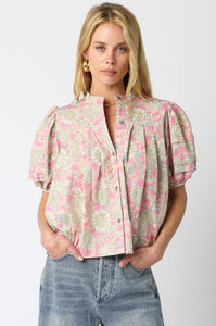 Light Pink Cream Printed Puff Slv Button Down Top