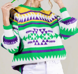 Multi Color Mardi Gras Printed Sweater