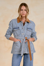 Load image into Gallery viewer, Denim Camel Belted Collared Jacket
