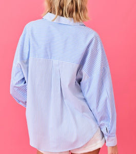 Blue White Multi Stripe V-Neck LS Shirt