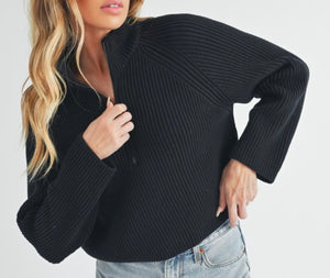 Soft Ribbed Half Zip Sweater Black