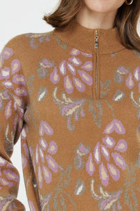 Camel Multi Print Half Zip Sweater