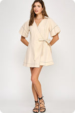Load image into Gallery viewer, Ecru/Black Stitch Wrap Collared Mini Dress