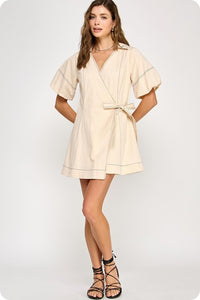 Ecru/Black Stitch Wrap Collared Mini Dress