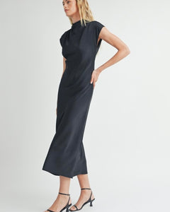 Black Satin Mock Neck Shirring Long Dress