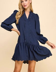 Navy LS Scallop Detail Dress