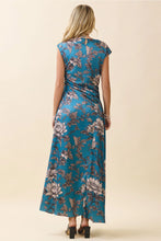 Load image into Gallery viewer, Blue Printed Satin Draped Cowl Neck Ruched Dress