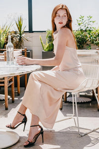 Champagne Satin Cowl Neck Halter Top