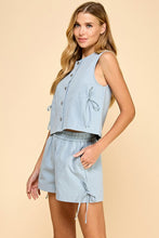 Load image into Gallery viewer, Powder Blue Side Tie Denim Button Top