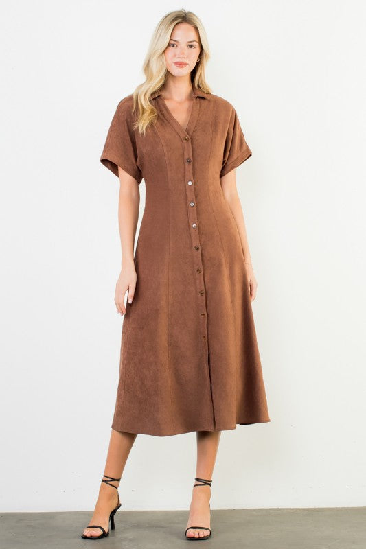 Brown Suede SS Button Down Midi Dress (THML) Mod and Proper Brown Suede SS Button Down Midi Dress (THML) Mod and Proper