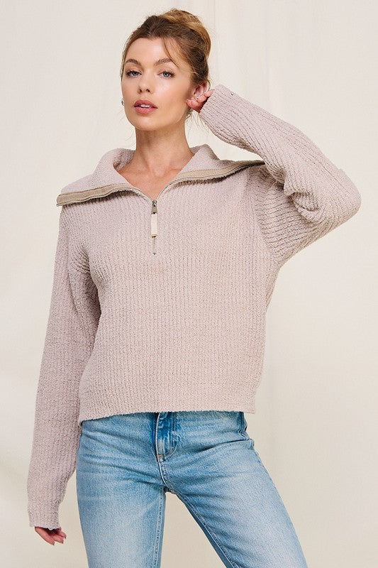 Frosted Almond Soft Plush Half Zip Sweater