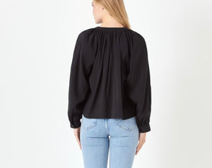 Black Shirring Detail LS Top