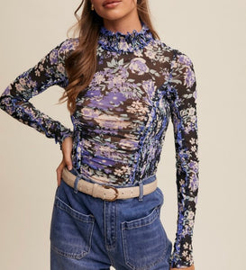 Black Smocked Ruched Floral Mesh Top