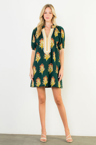 Green Floral Print Striped Detail Dress (THML)