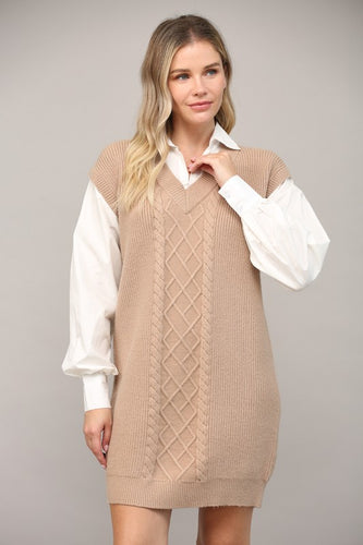 Latte/White Cable Knit Twofer Shirt Dress