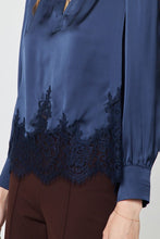 Load image into Gallery viewer, Navy Satin Lace Hem LS Blouse