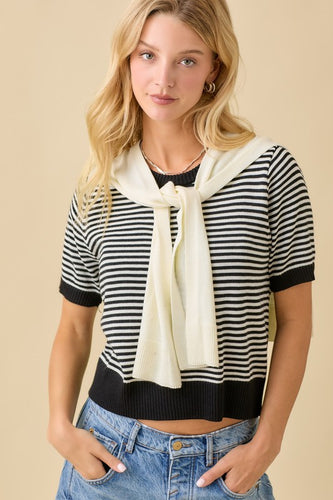 Black Striped SS Sweater w/ Shawl Set