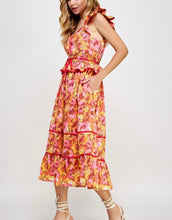 Load image into Gallery viewer, Orange Multi Floral Piping Midi Dress