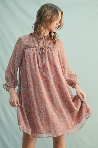 Neutral Floral LS Drop Shoulder Dress
