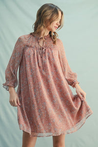 Neutral Floral LS Drop Shoulder Dress